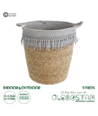 GloboStar® Artificial Garden SYROS 20571 Διακοσμητικό Πλεκτό Κασπώ Γλάστρα - Flower Pot Μπεζ με Γκρι Φ26 x Υ28cm
